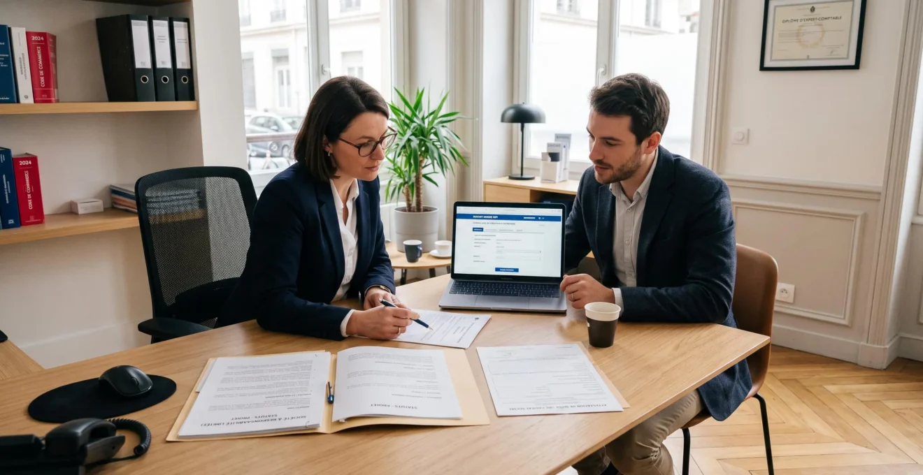 Bureau d'expert-comptable français avec entrepreneur et professionnelle du chiffre consultant ensemble des documents d'immatriculation de société et l'interface du Guichet Unique INPI sur écran d'ordinateur