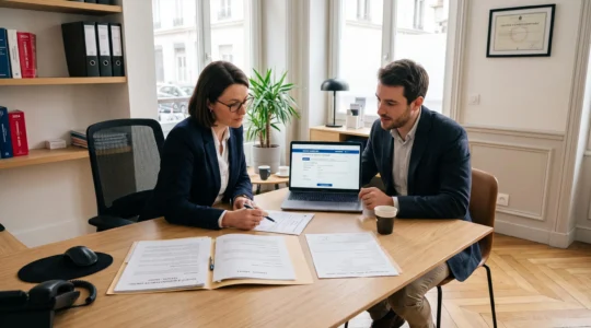 Bureau d'expert-comptable français avec entrepreneur et professionnelle du chiffre consultant ensemble des documents d'immatriculation de société et l'interface du Guichet Unique INPI sur écran d'ordinateur