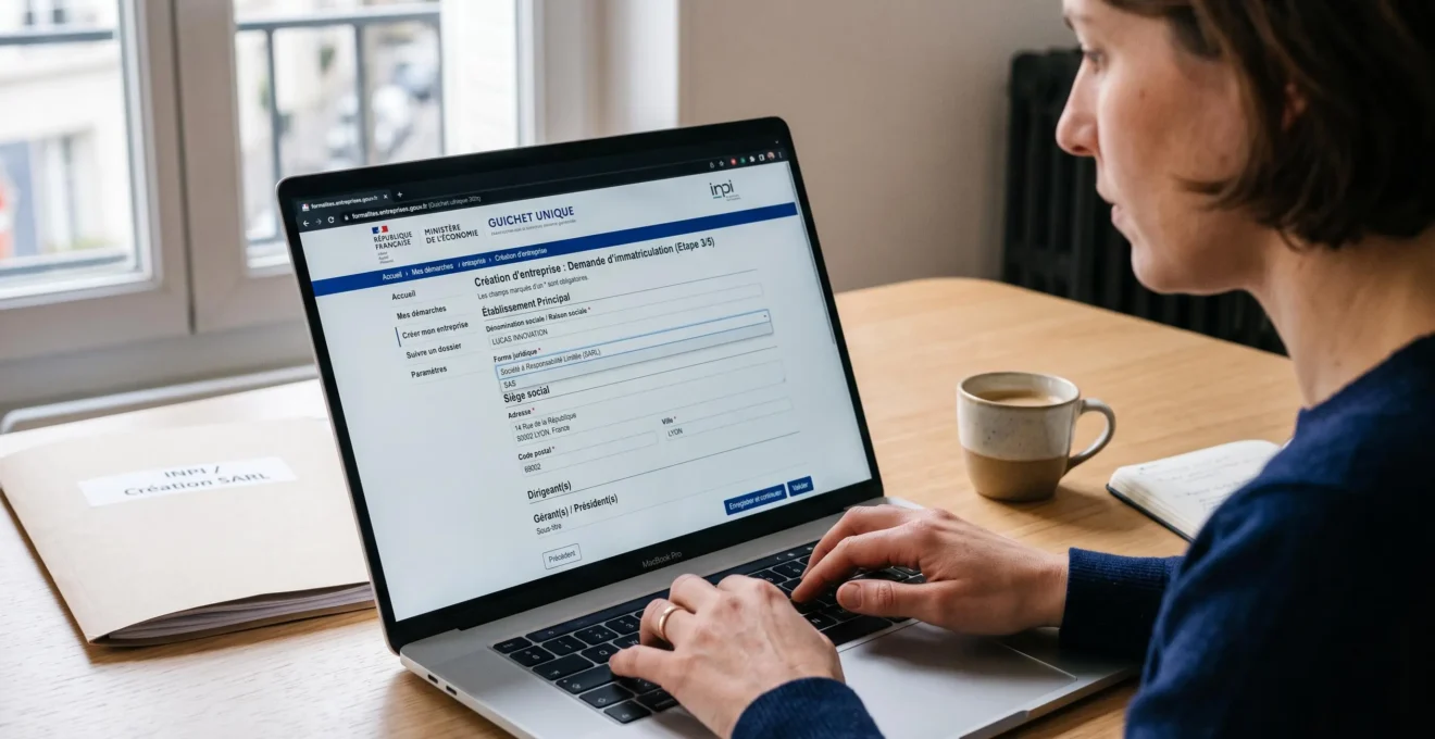 Écran d'ordinateur affichant l'interface du portail formalites.entreprises.gouv.fr avec formulaire d'immatriculation d'entreprise en cours de saisie, mains d'utilisateur tapant sur clavier