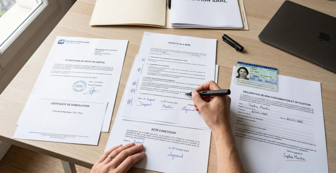 Vue de dessus d'un bureau avec ensemble complet de documents officiels français pour immatriculation d'entreprise : statuts de SARL signés, attestation de dépôt de capital, justificatifs de domiciliation et pièce d'identité